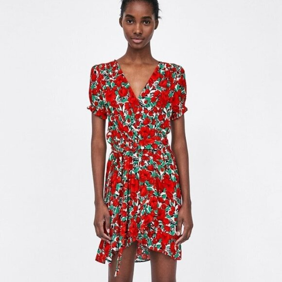 Zara Red & Green Floral Print Wrap Ruffle Short Sleeve V-neck Mini Dress XS - Picture 1 of 11